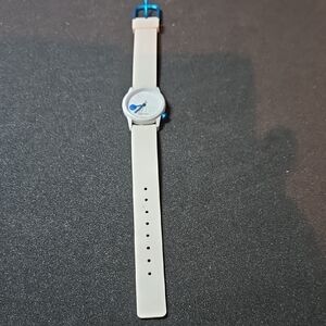 White and Blue Watch with Circular Face and Silicone Strap